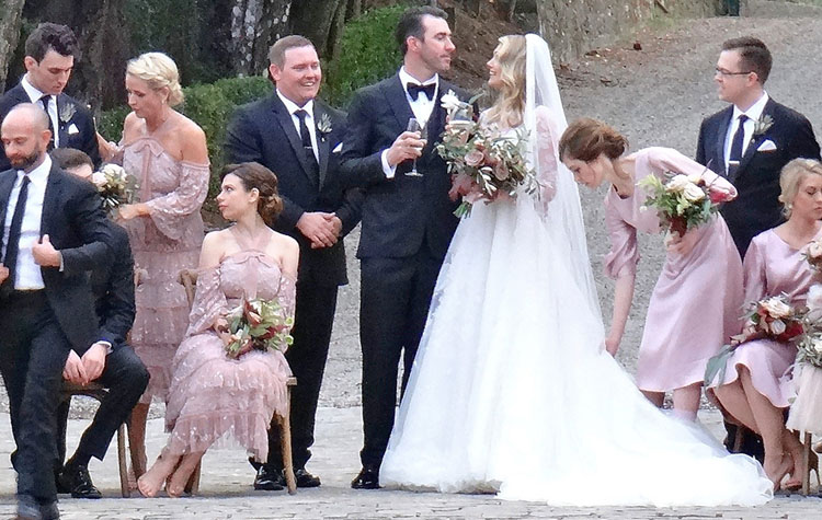 White Lace Bridal Gown and Blush Bridesmaid Dresses on Kate Upton Wedding White Lace Bridal Gown and Blush Bridesmaid Dresses on Kate Upton Wedding
