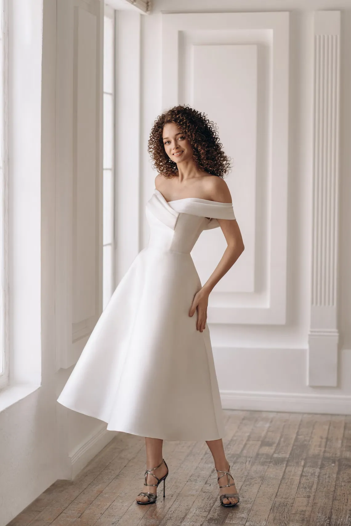 off-the-shoulder A-line ivory satin wedding dress elegant off the shoulder tea length ivory satin wedding dress