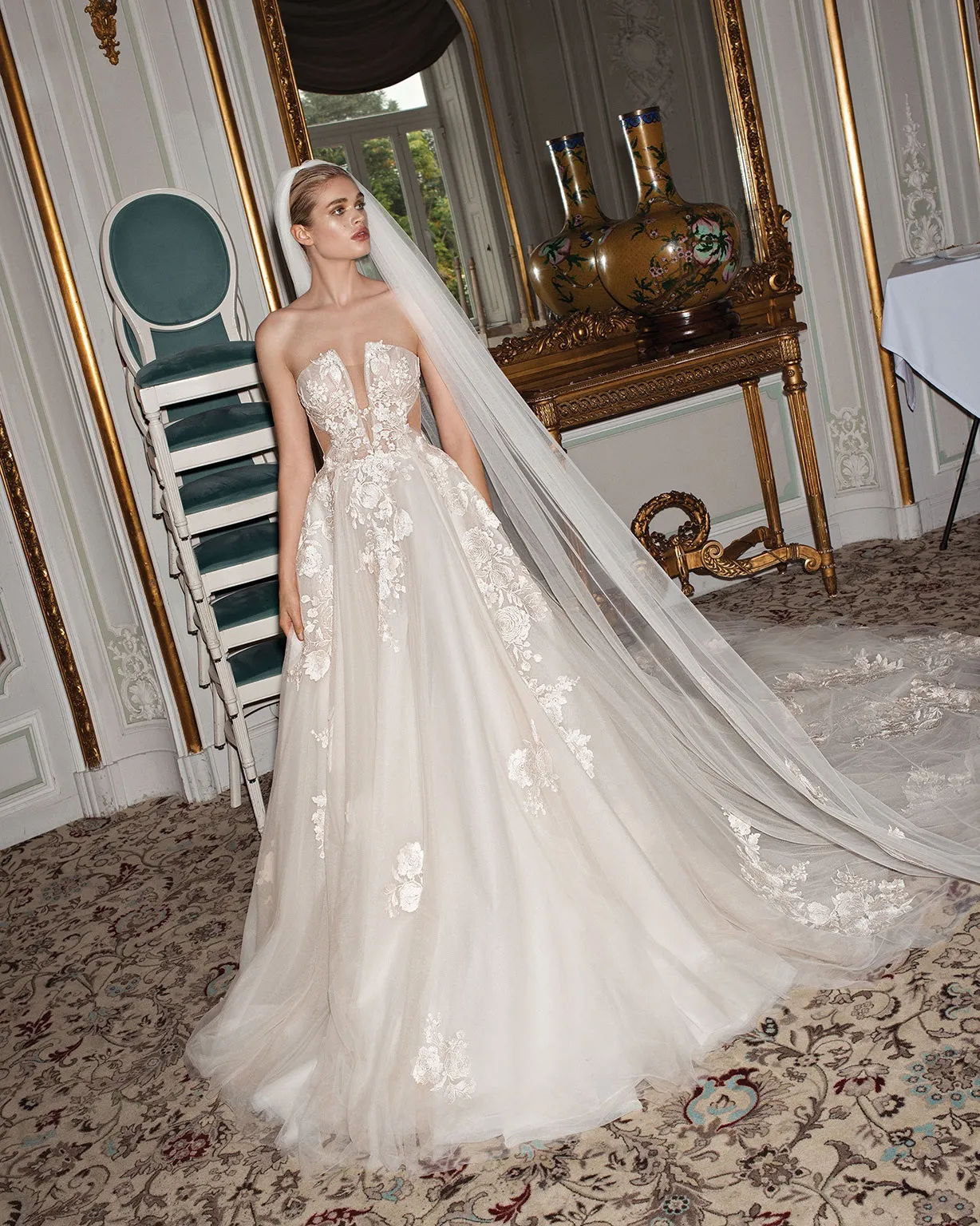 graceful strapless lace and tulle A-line bridal gown graceful strapless lace and tulle wedding dress