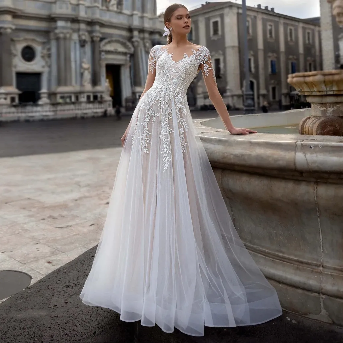 illusion long sleeve lace and tulle A-line wedding dress long sleeve lace wedding dress