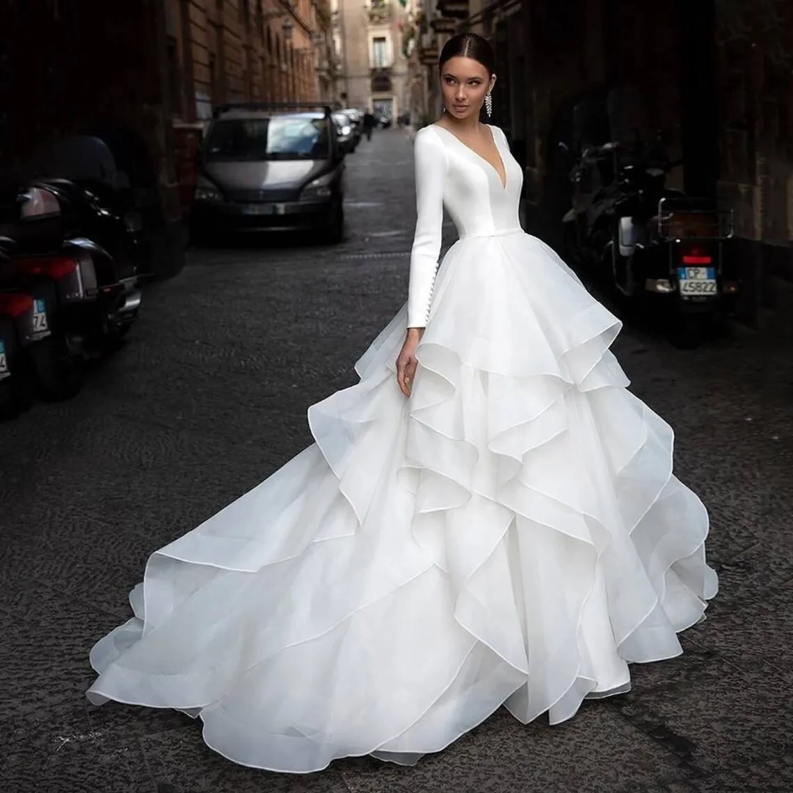 modern long sleeve ruffled organza wedding ball gown ruffled organza princess wedding dress