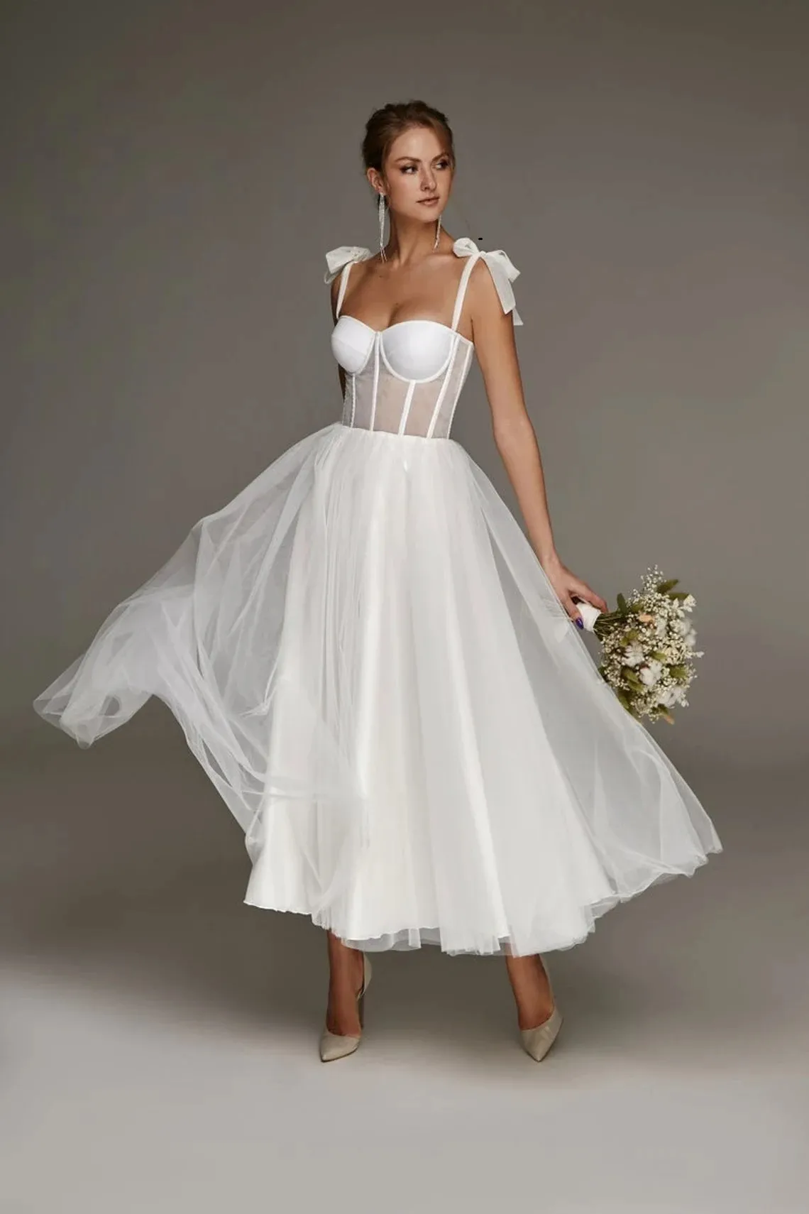 sheer tulle corset tea-length wedding dress sheer tulle corset tea length beach wedding dress