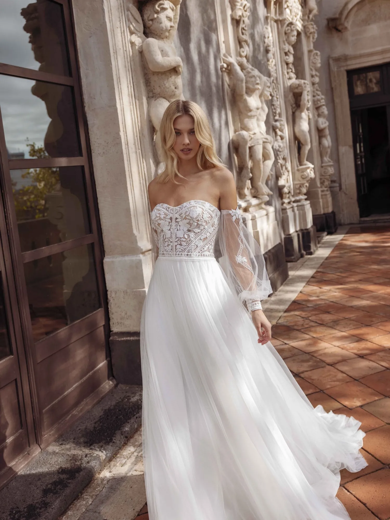 slim A-line lace and tulle wedding dress slim a line lace and tulle boho wedding dress