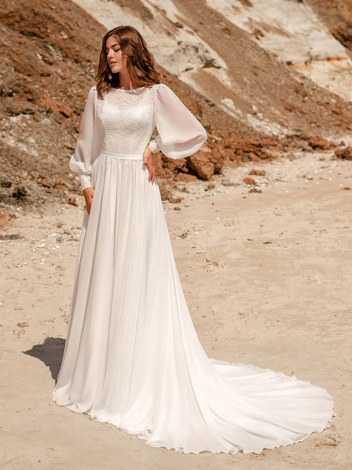 chiffon long sleeve wedding dress