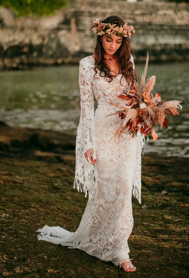 long flare sleeve lace bohemian wedding dress long flare sleeve lace bohemian wedding dress