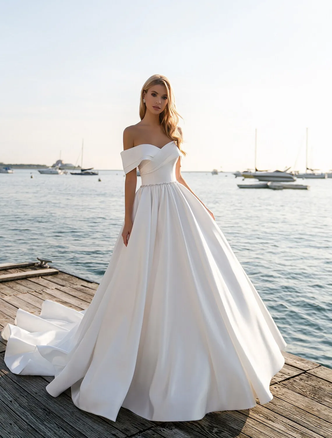 off the shoulder satin ball gown
