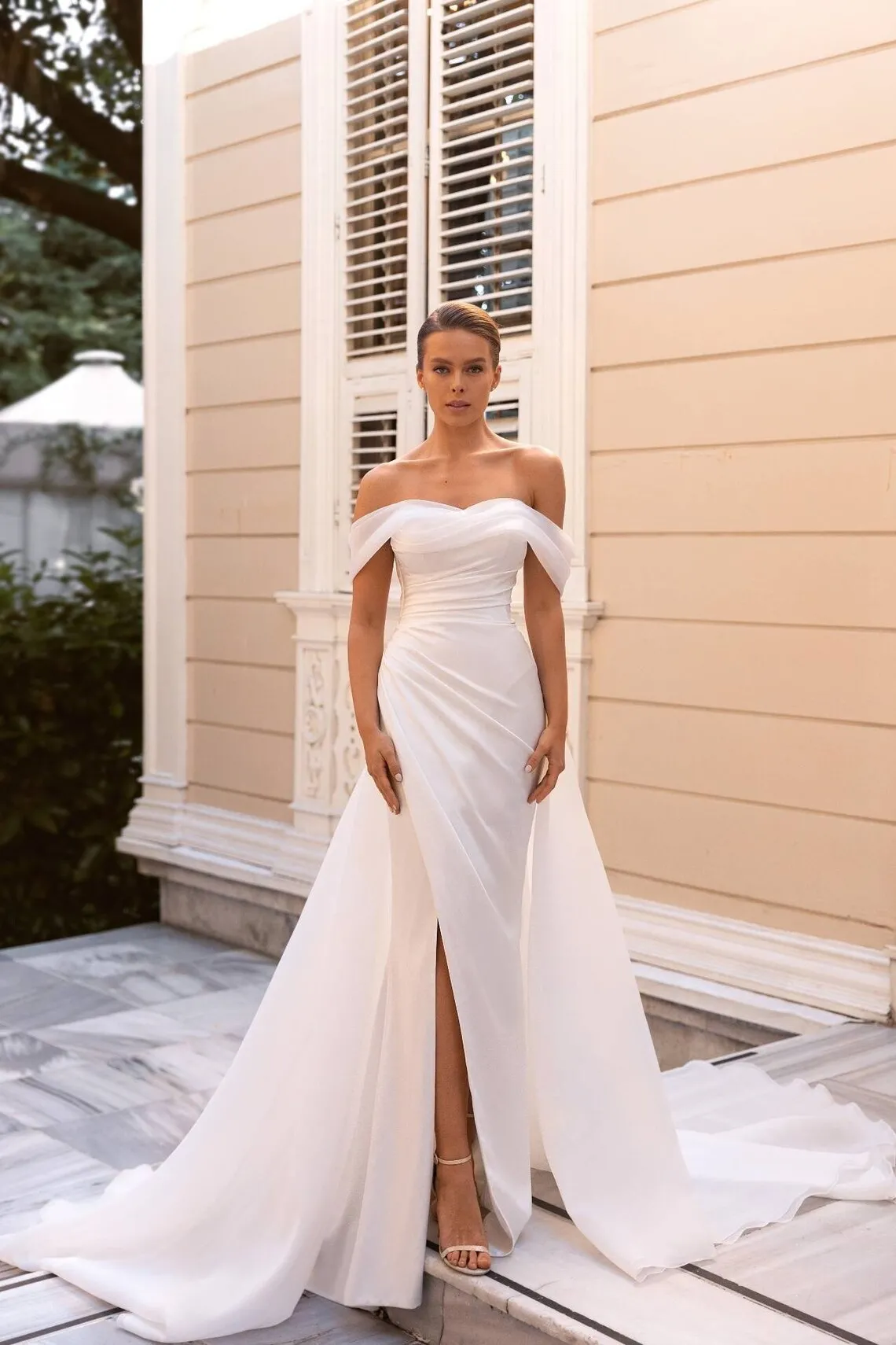 off the shoulder slit wedding dress