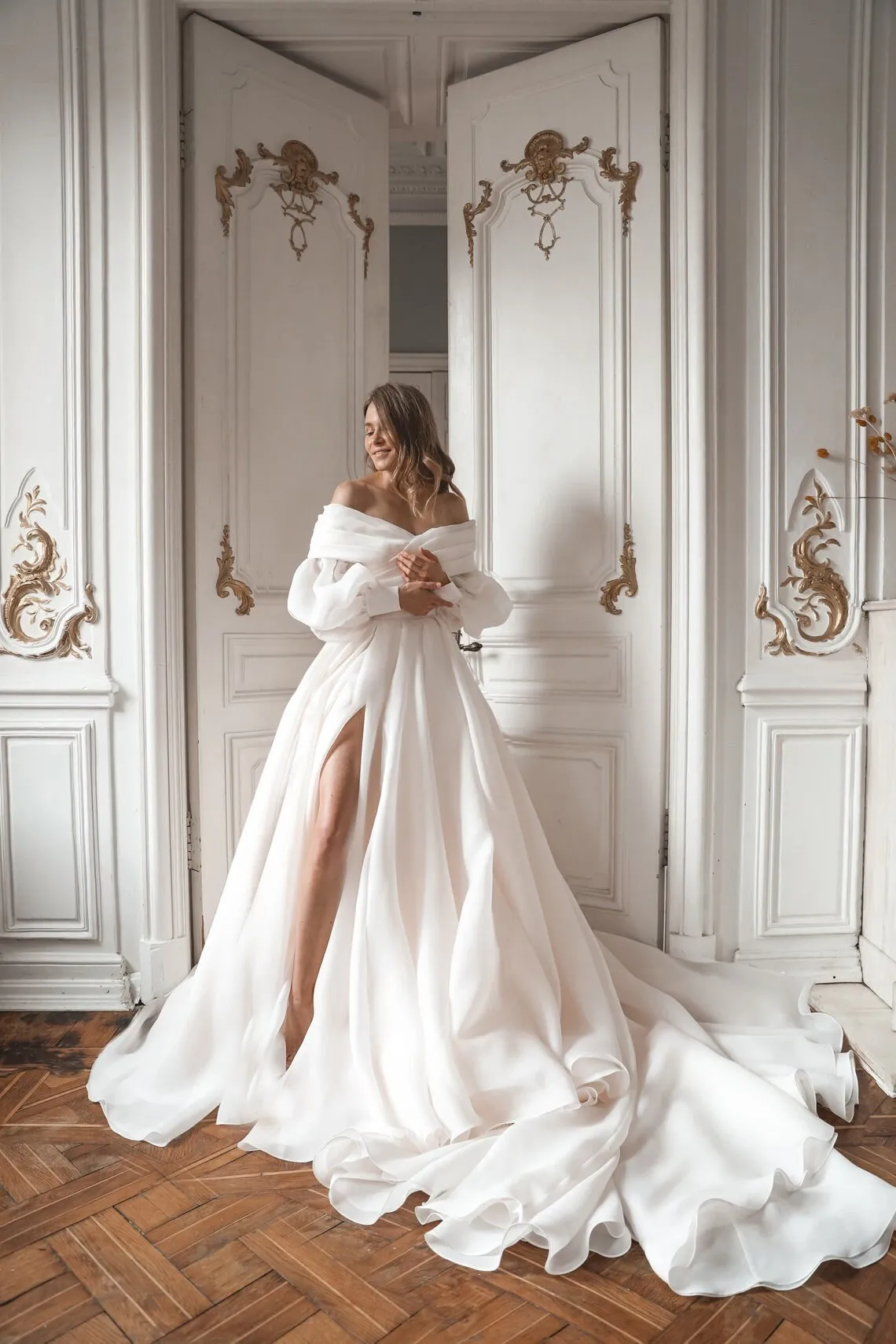 organza slit wedding dress
