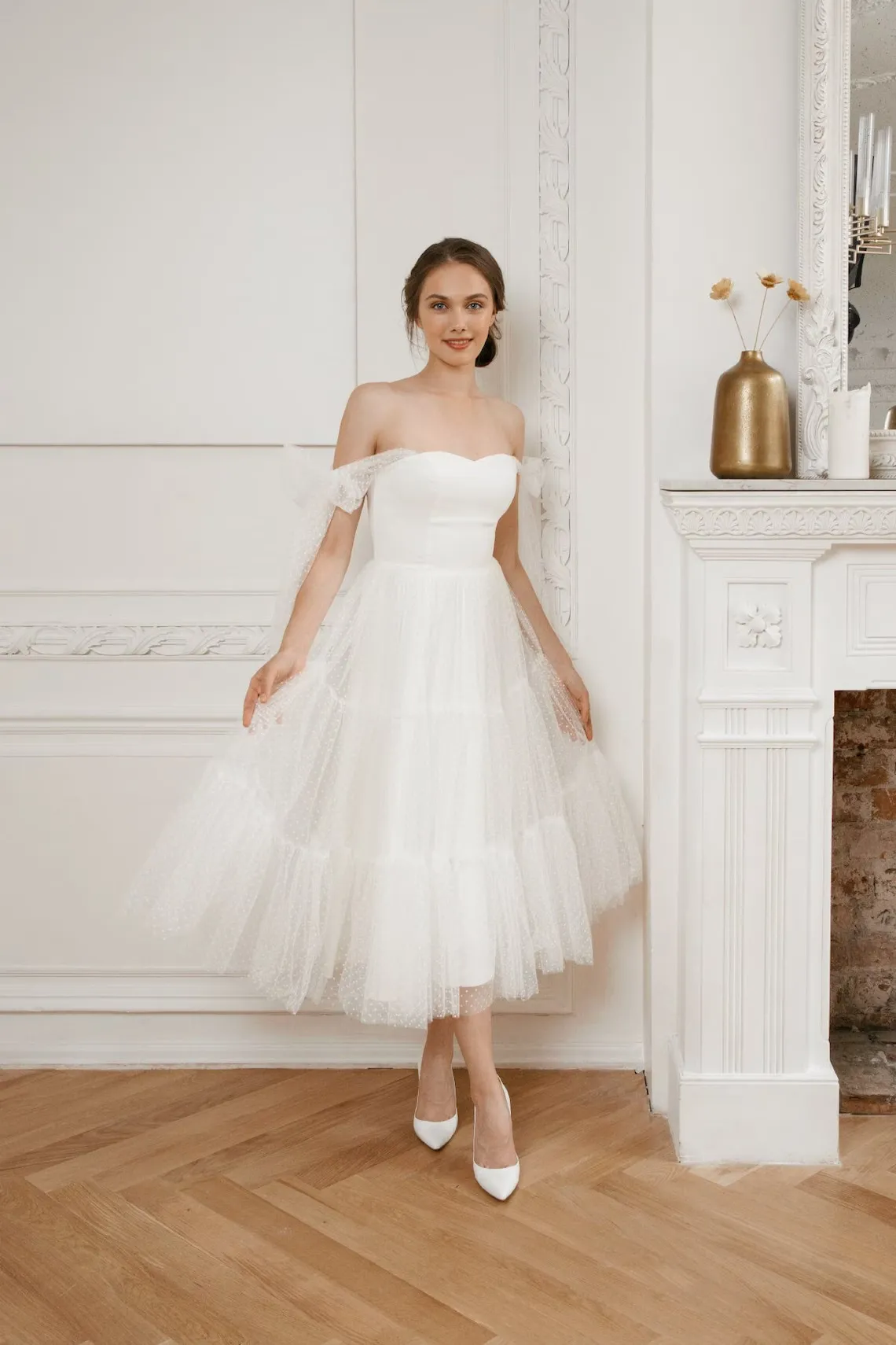 off-the-shoulder polka dot tulle bridal dress polka dot tea length wedding dress