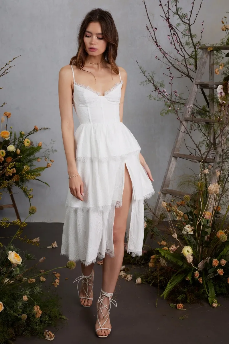 spaghetti strap ivory lace slit tea length bridal dress spaghetti strap ivory lace slit tea length bridal dress