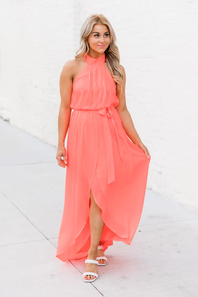 bright coral chiffon halter party dress bright coral chiffon halter party dress