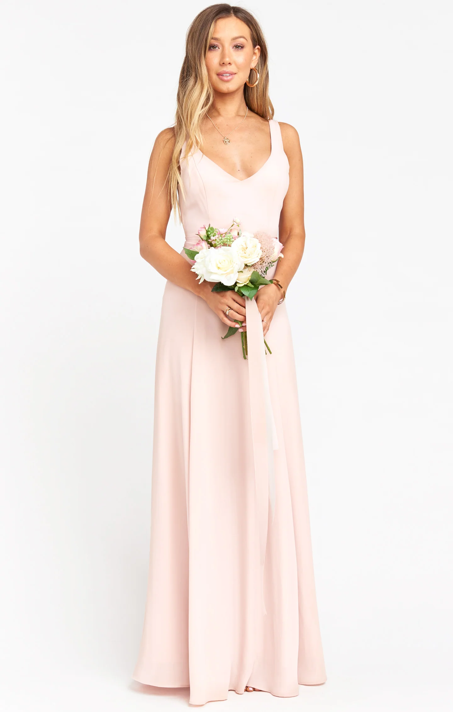 simple blush V-neck long bridesmaid dress simple blush V neck long bridesmaid dress