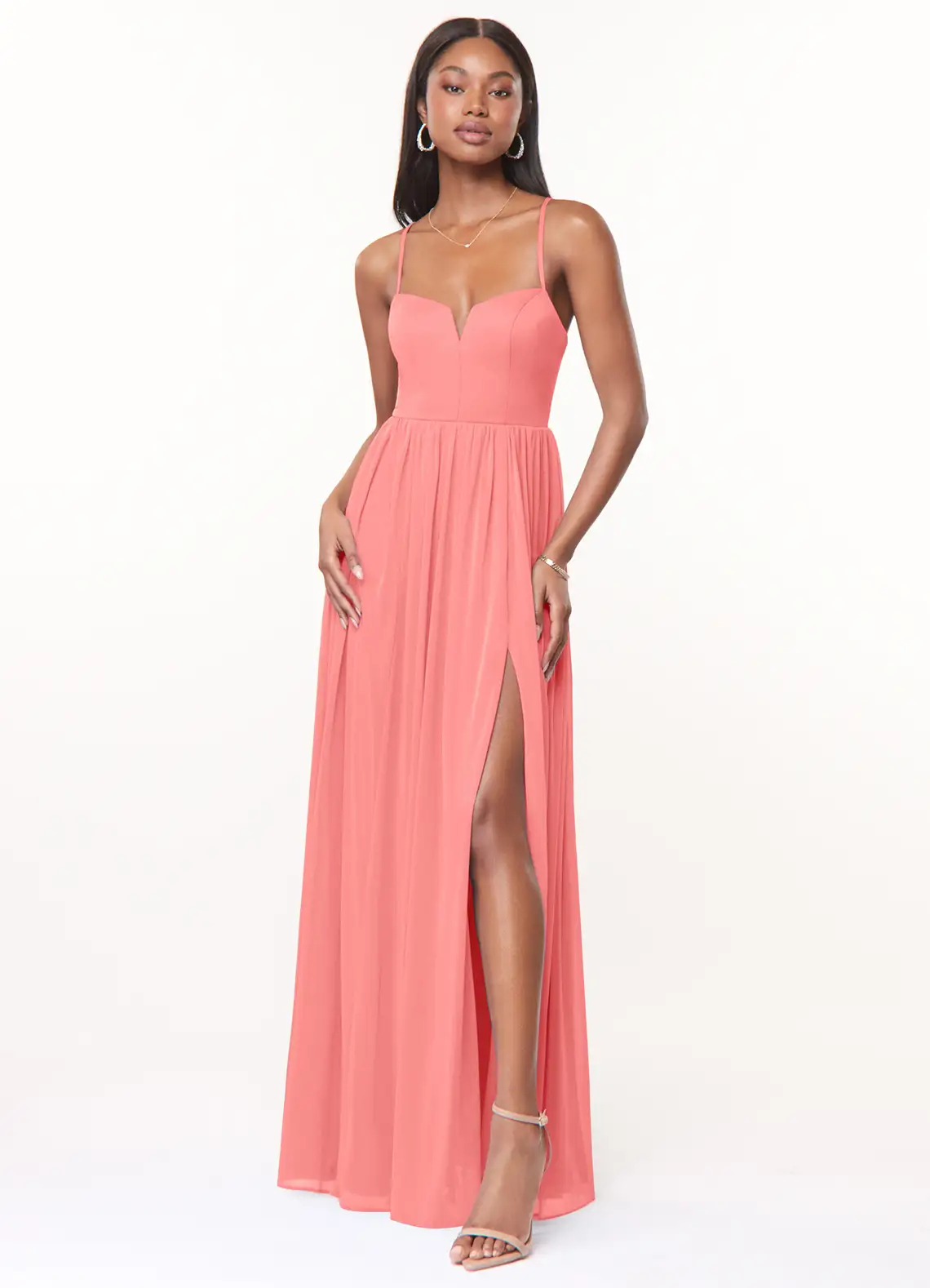 spaghetti straps coral chiffon slit dress spaghetti straps coral chiffon slit dress