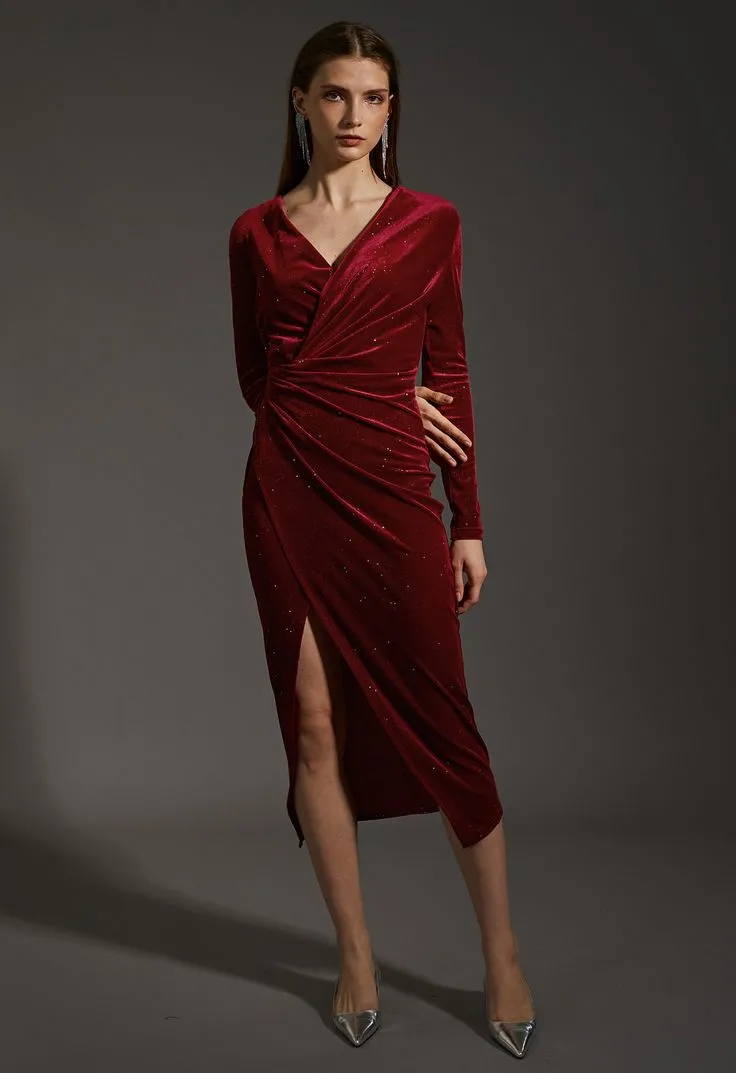 glittery burgundy velvet wrap midi dress glittery burgundy velvet wrap midi dress