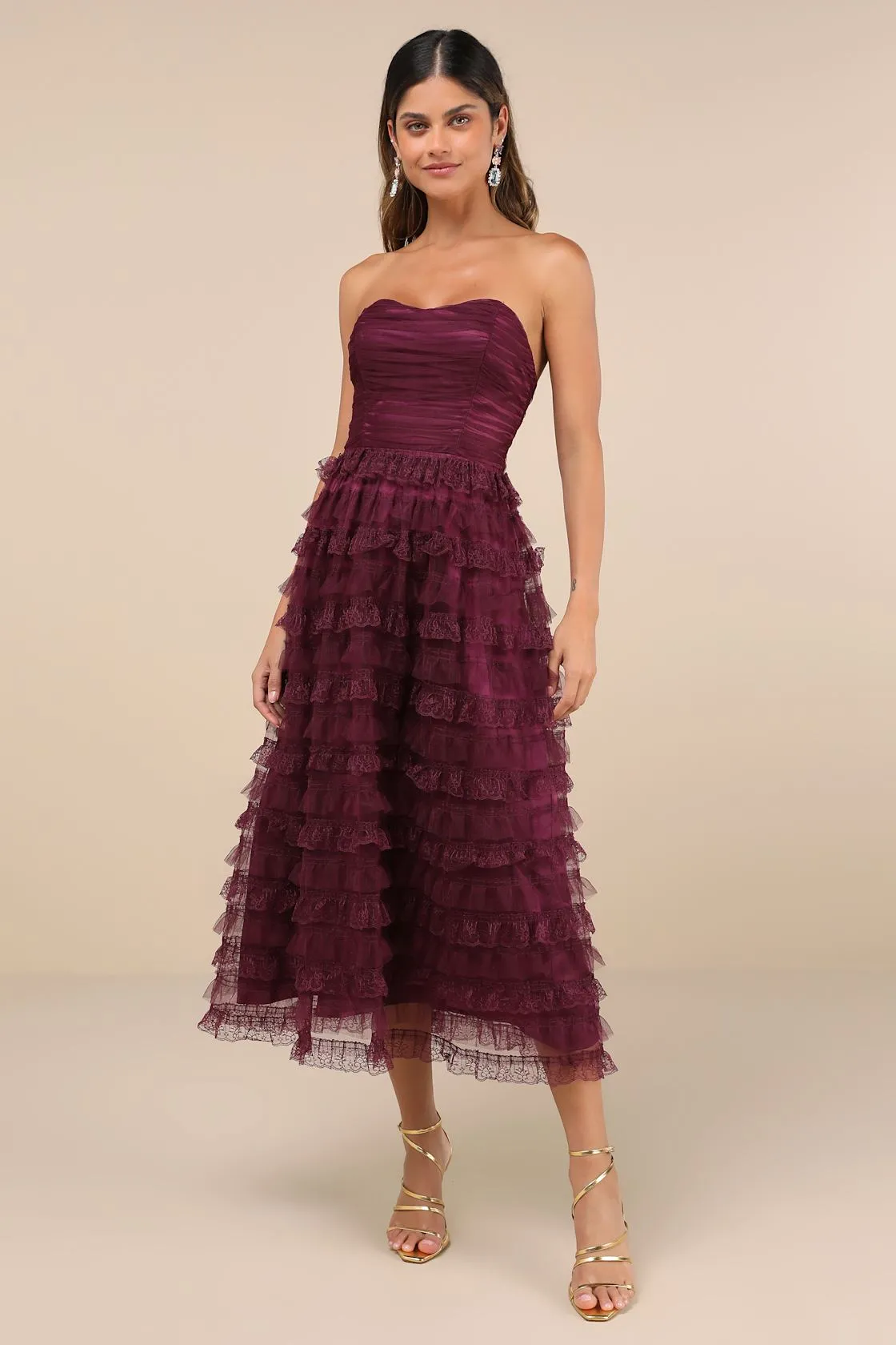 purple tulle strapless tiered midi party dress purple tulle strapless tiered midi party dress