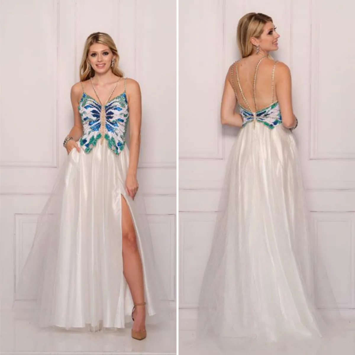 beaded butterfly chiffon long fancy prom dress