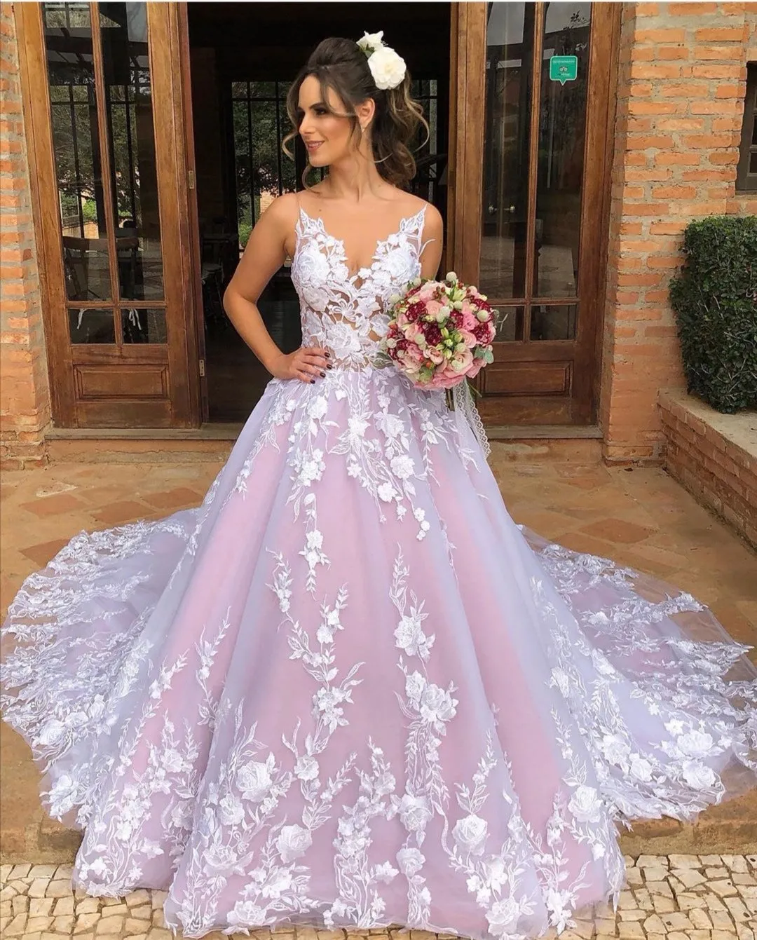 lavender lining floral lace bridal dress