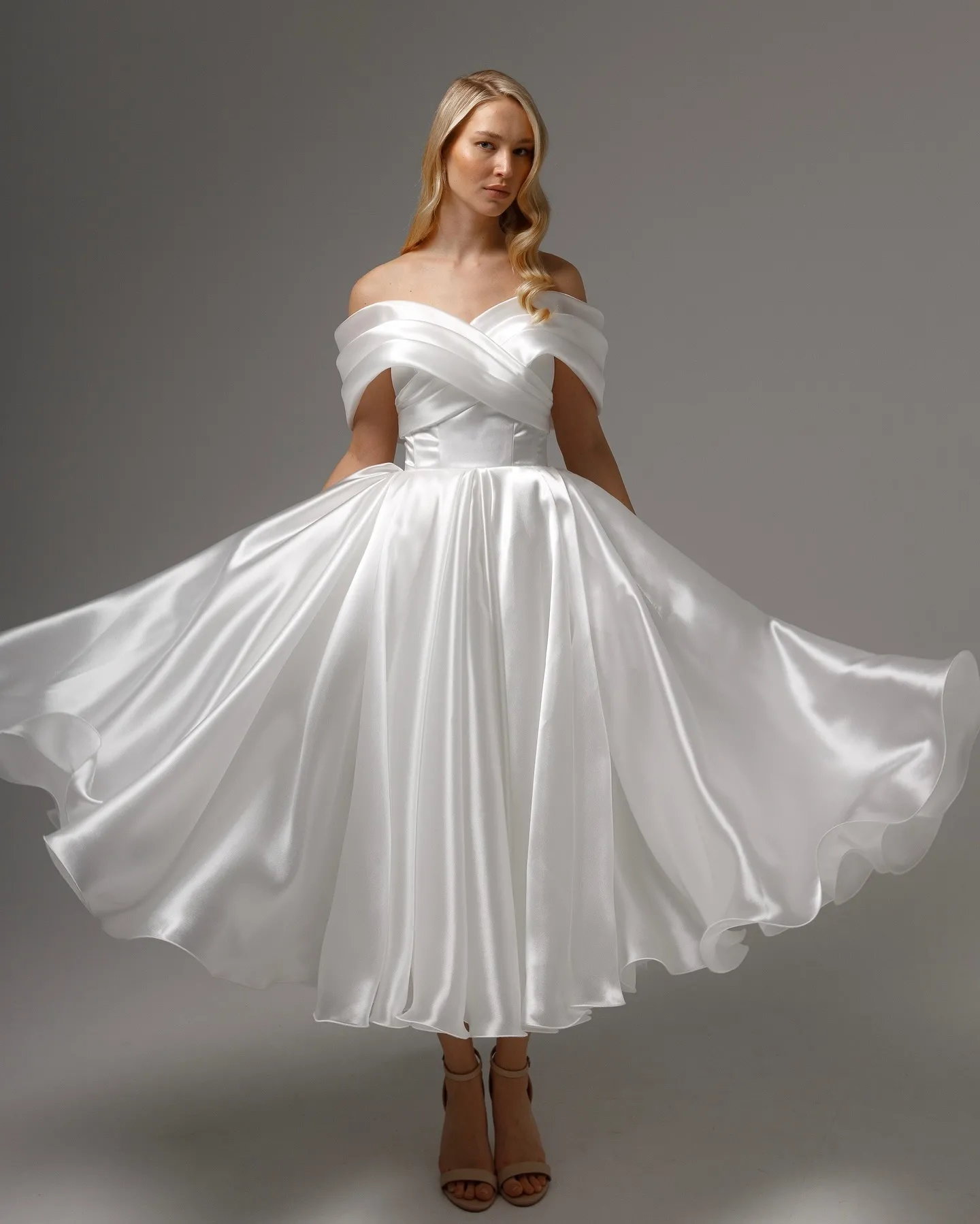 off the shoulder organza tea length bridal shower dress