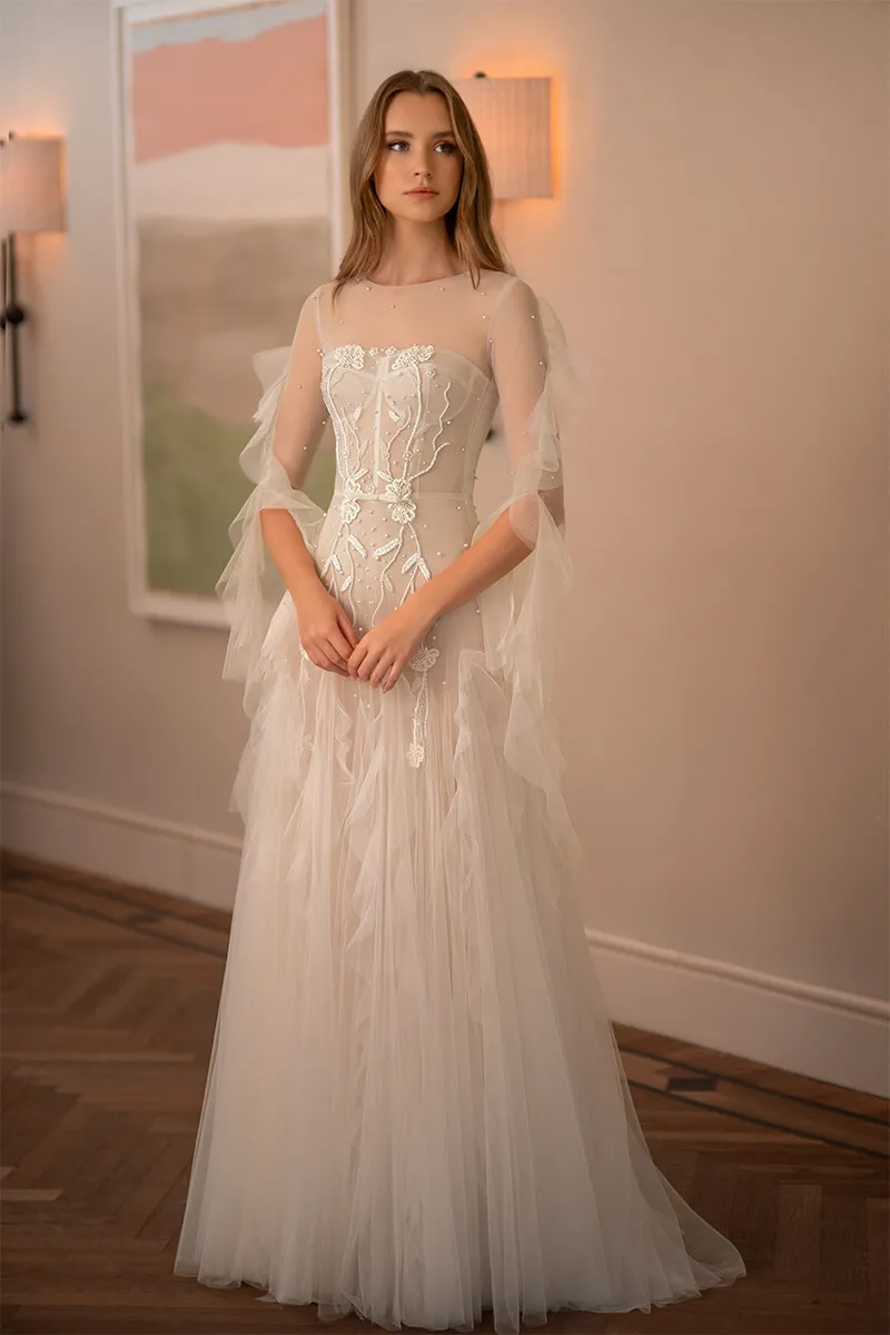 pearled and ruffled lace tulle flit and flare bridal dress