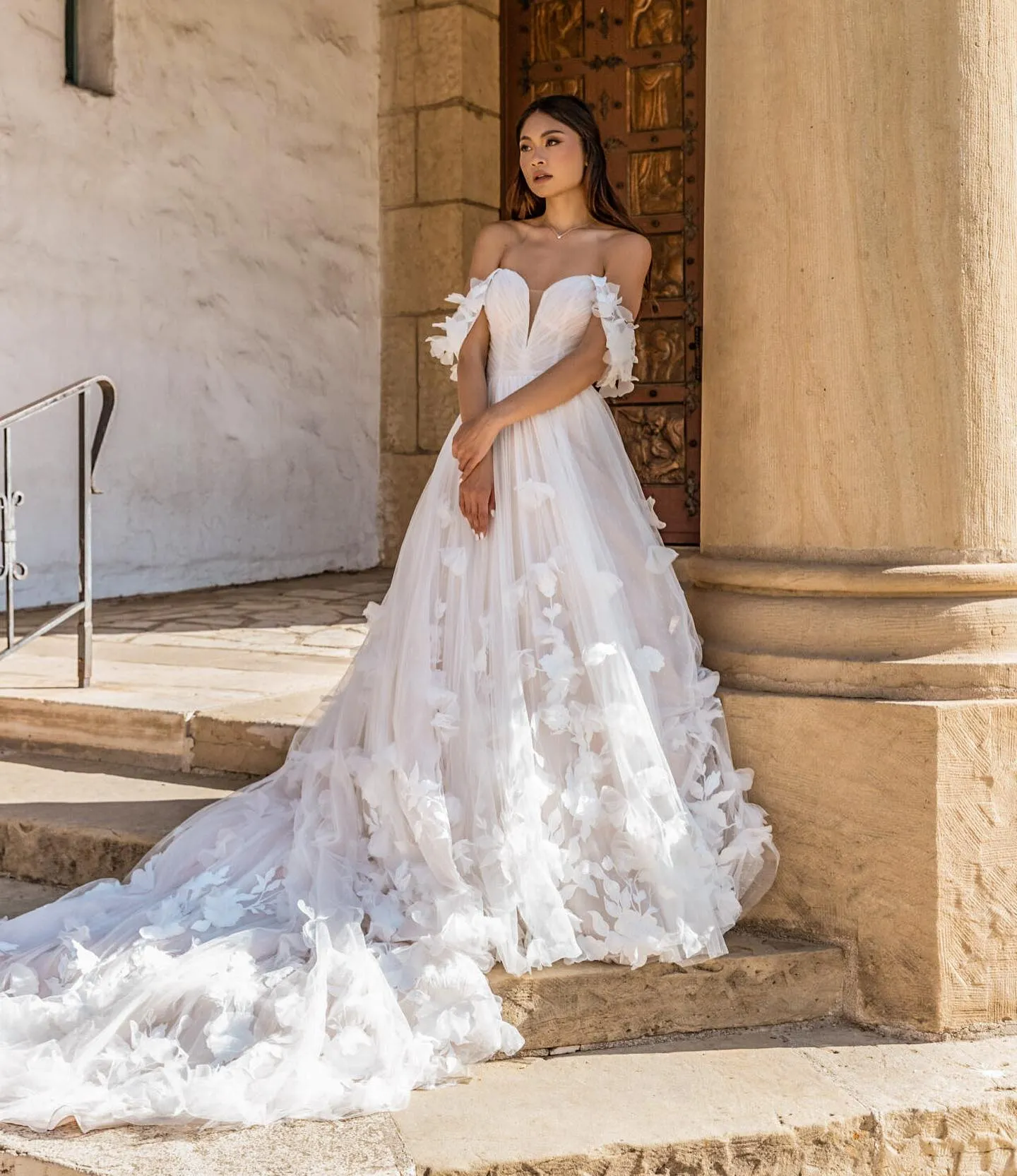 romantic off the shoulder 3d flowers spring wedding dress