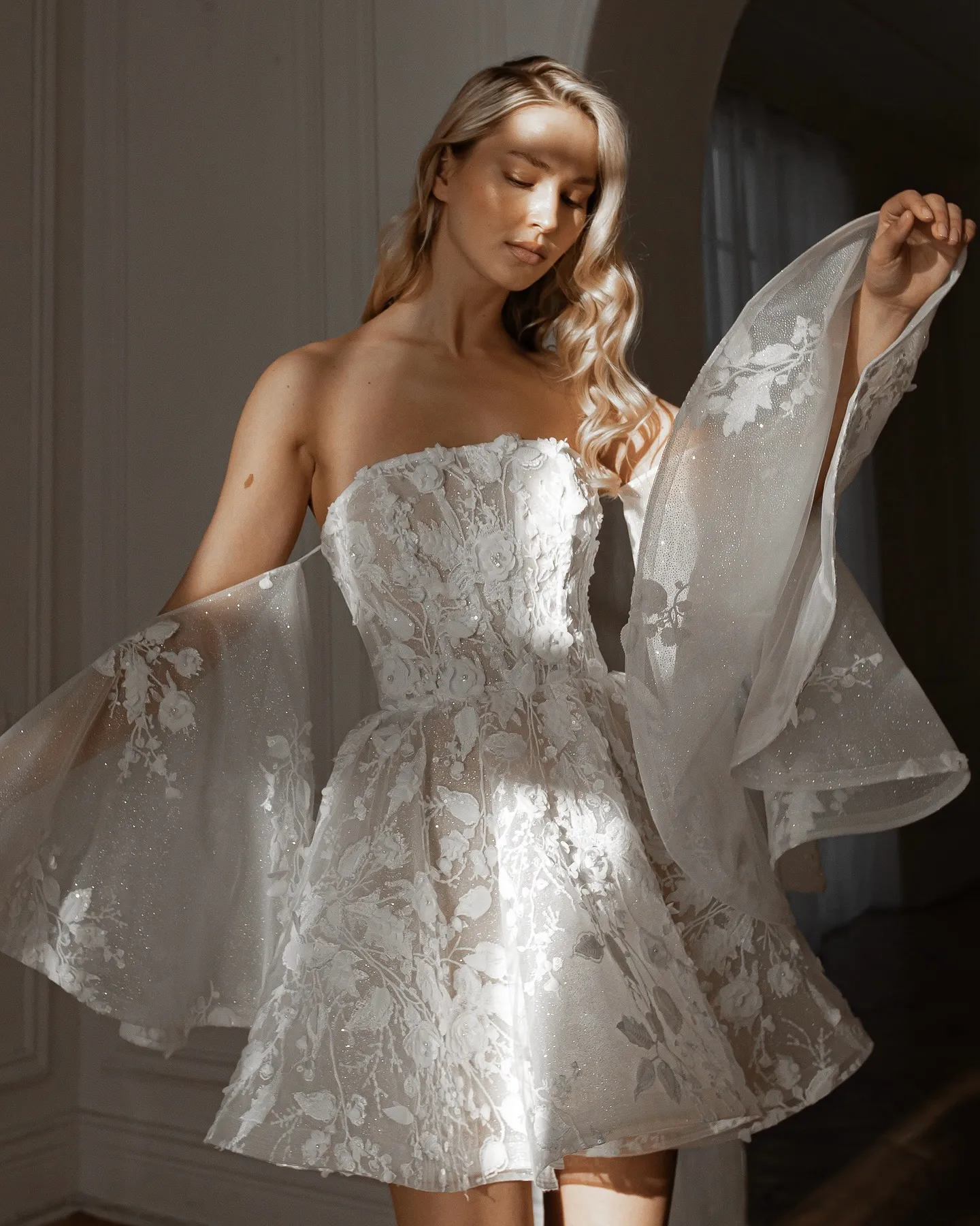 short floral lace wedding dress with detachable sleeves