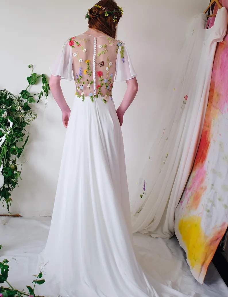 short flutter sleeve floral embroidery boho wedding dress