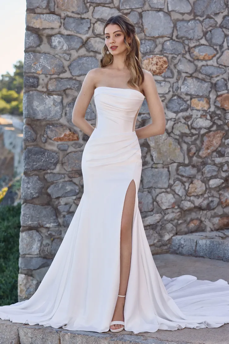 simple satin strapless high slit outdoor wedding dress