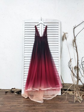 burgundy to peach ombre tulle formal gown