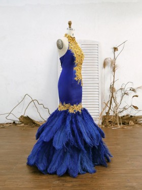 gold lace appliqued royal feather trumpet prom gown