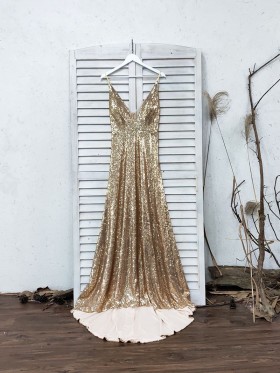 gold sequin long prom dress