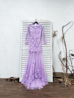 lilac lace long sleeve long formal dress