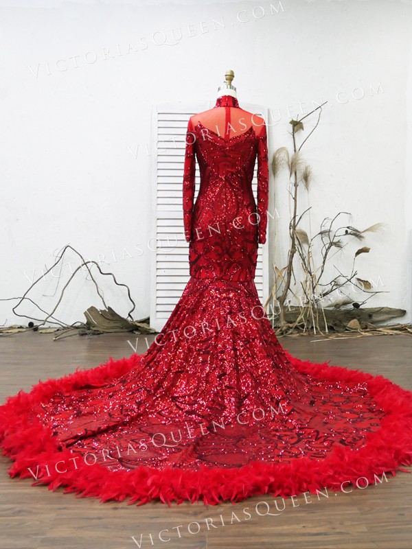 VQ Stunning Red Sequin & Ostrich Feather Trim Prom Dress