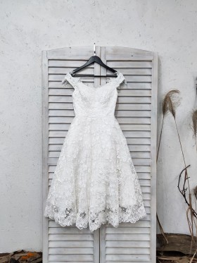 off the shoulder white lace tea length wedding dress off the shoulder white lace tea length wedding dress