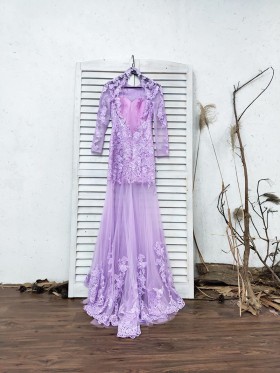 open back lilac lace and tulle formal dress