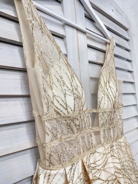 plunging neckline gold hotfix glitter prom dress