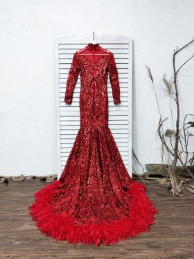 red sequin and feather long sleeve long train dress red sequin and feather long sleeve long train dress