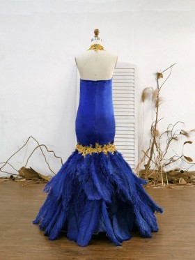 royal blue feather and gold lace prom dress