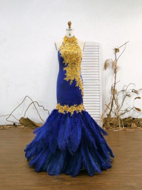 royal blue feather prom gown