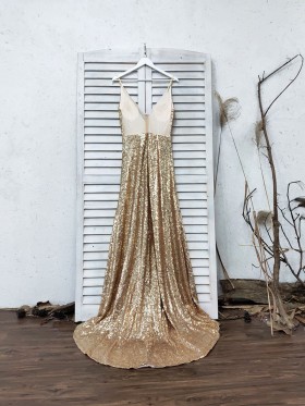 sexy gold sequin prom gown