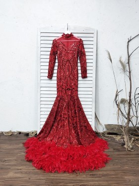 sparkling red sequin and feather long sleeve long train prom dress