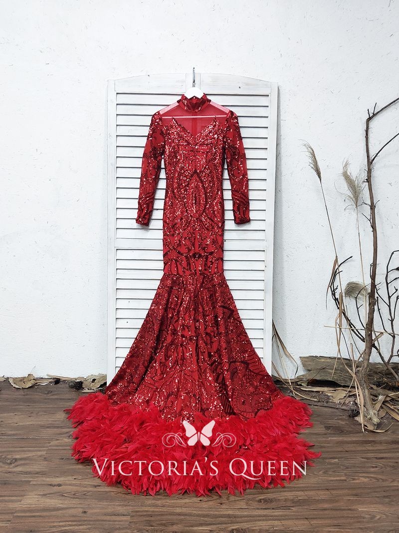 sparkling red sequin and feather long sleeve long train prom dress