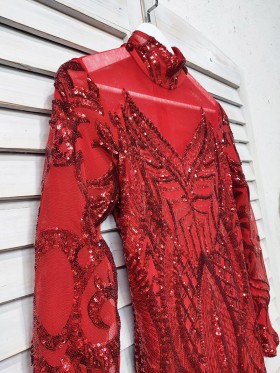 sparkling red sequin dress with illusion high neckline