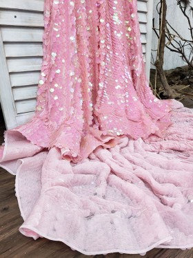 Bedazzled Pink Sequin Long Train Prom Dress