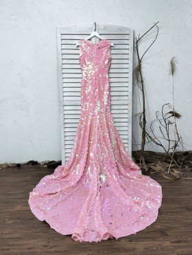 Pink Sequin Trumpet Long Train Prom Dress Pink Sequin Trumpet Long Train Prom Dress