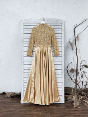 beaded gold lace and satin long sleeve A line prom dress