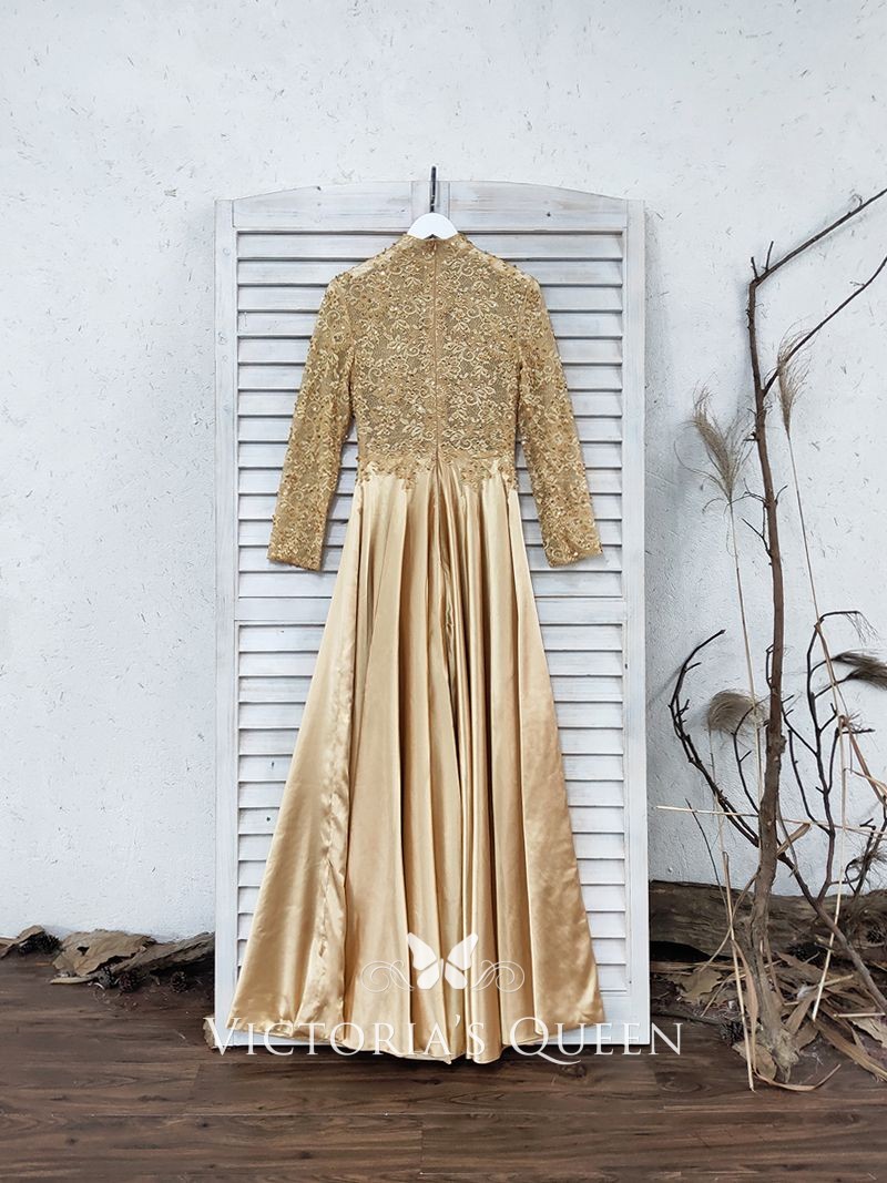 beaded gold lace and satin long sleeve A line prom dress