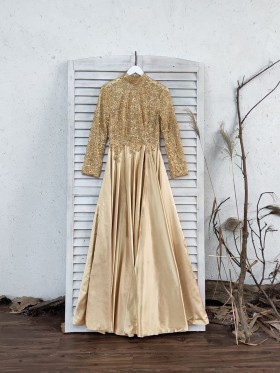 beaded gold lace and satin long sleeve prom dress