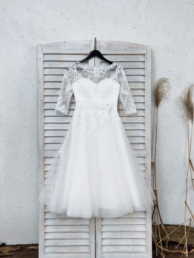 ivory lace and tulle illusion neckline tea length bridal dress ivory lace and tulle illusion neckline tea length bridal dress