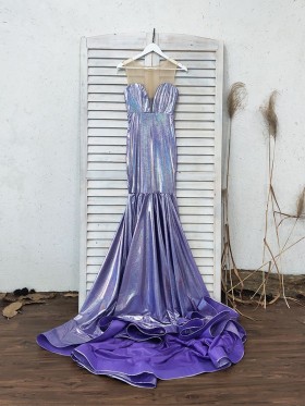 shiny purple stretchy fabric mermaid long prom dress