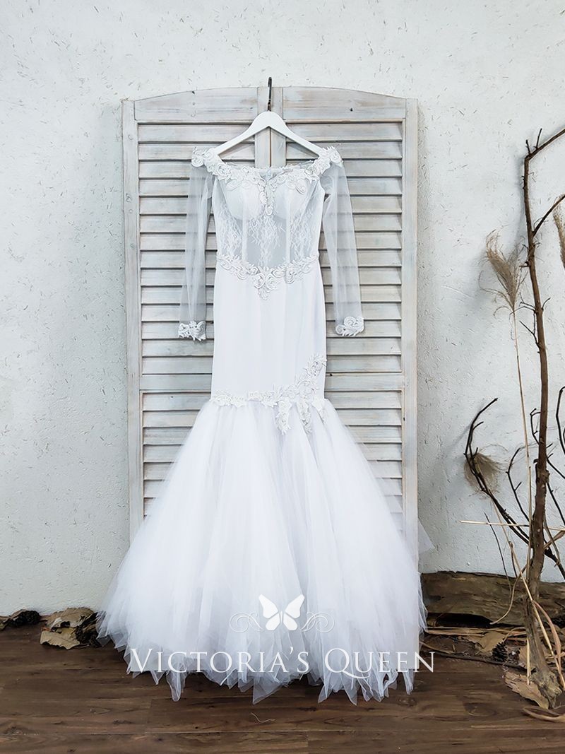 white lace and tulle off shoulder long sleeve wedding dress
